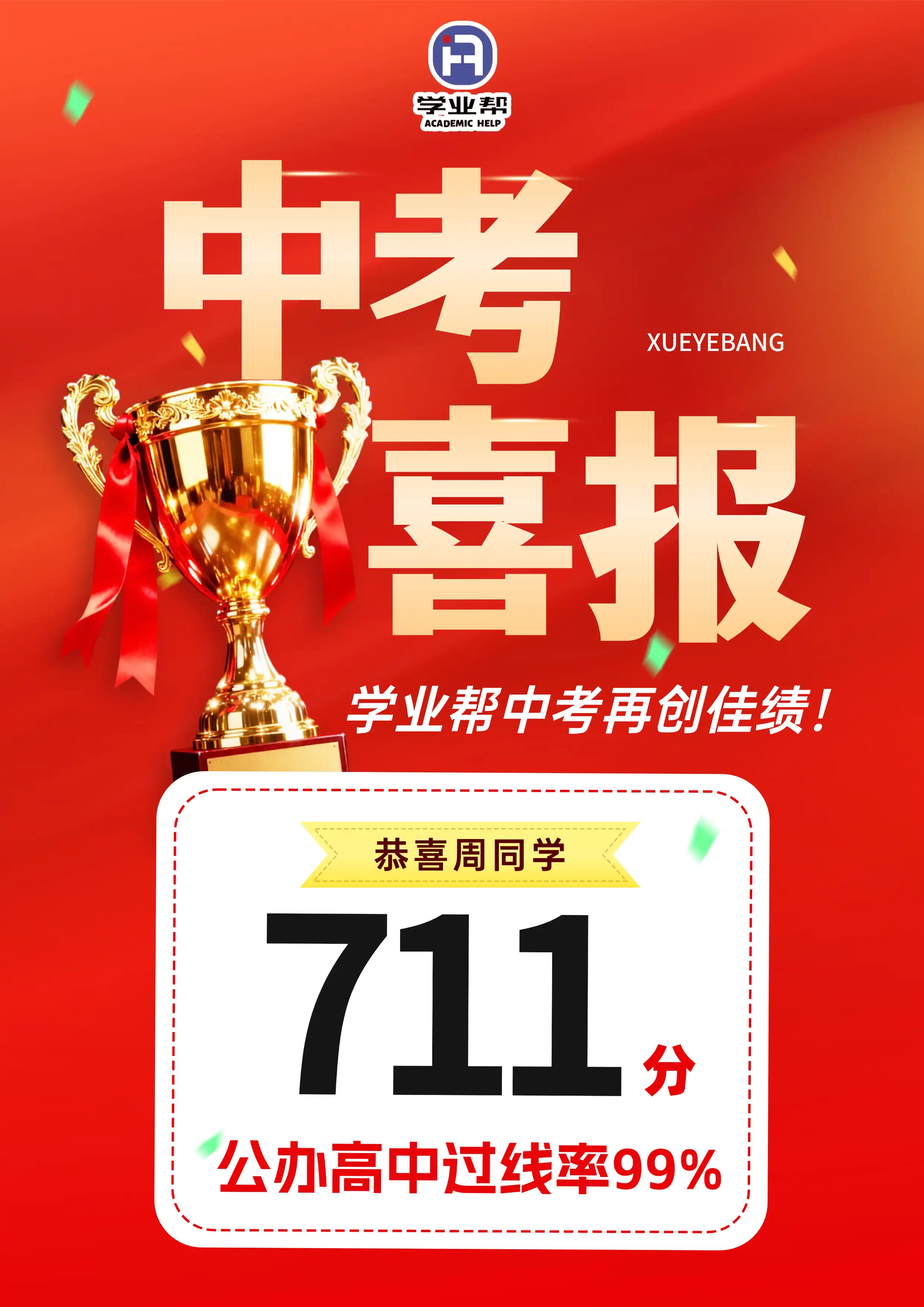恭喜周同学711分公办高中过线率99%