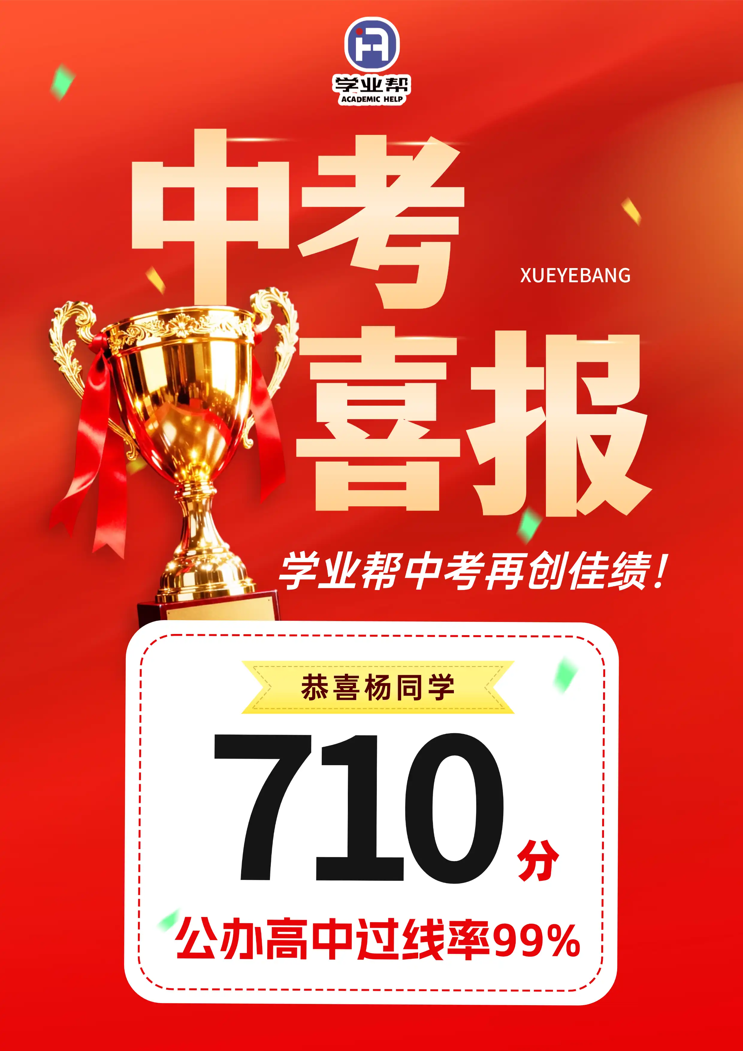 恭喜杨同学710分公办高中过线率99%